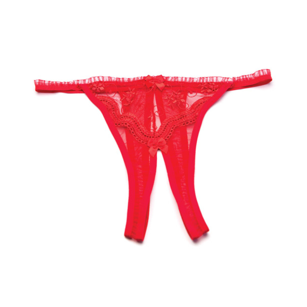 Scalloped Embroidery Crotchless Panty Red O/S