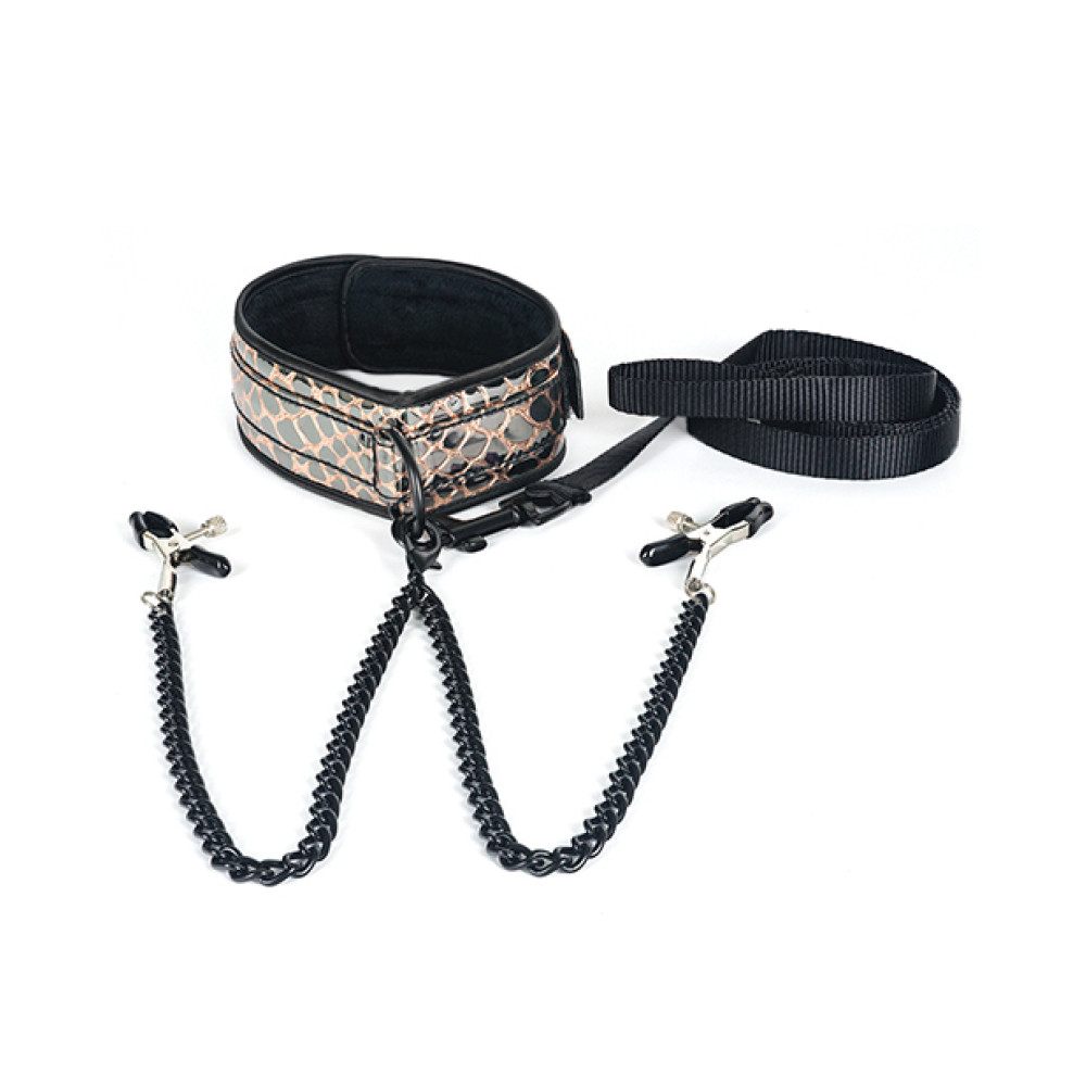 Spartacus Faux Leather Collar & Leash w/Black Nipple Clamps - Gold