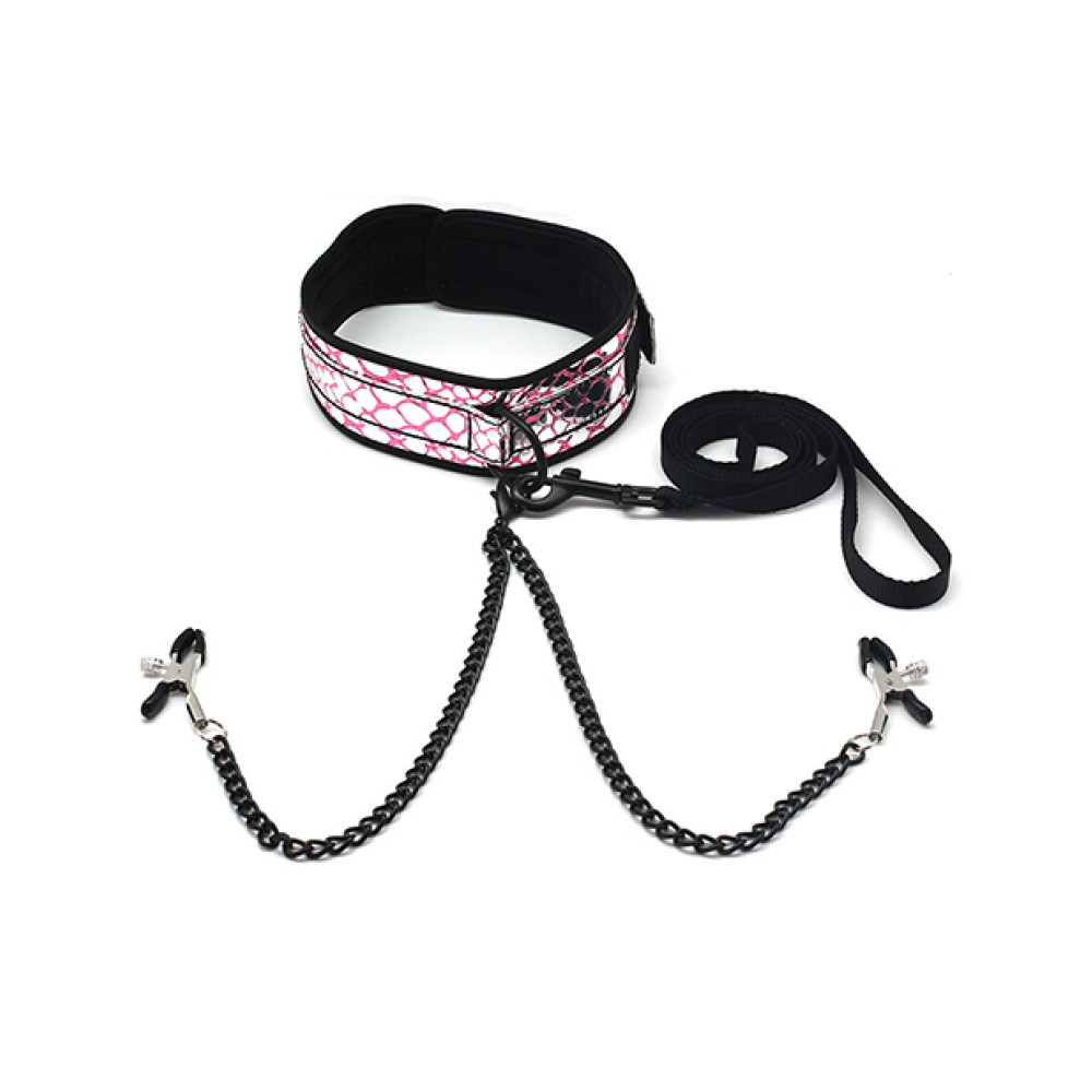 Spartacus Faux Leather Collar & Leash w/Black Nipple Clamps - Pink