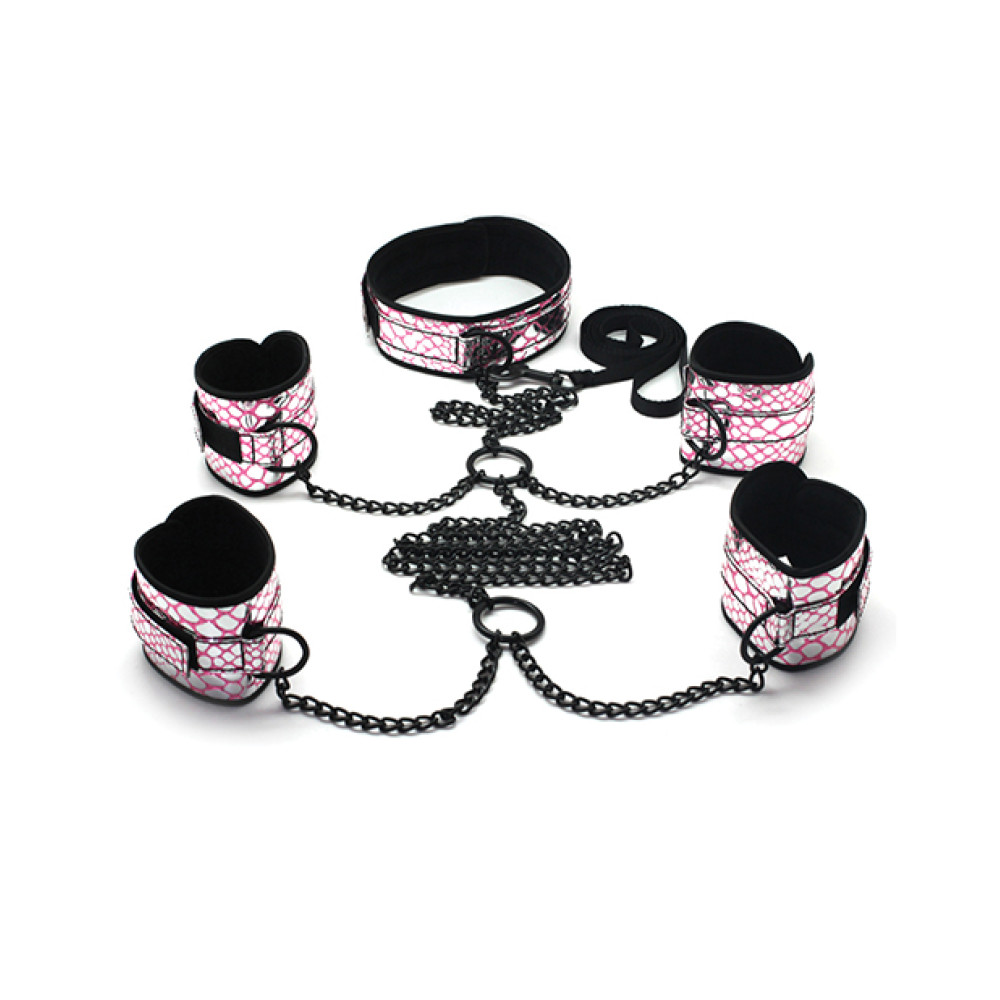 Spartacus Faux Leather Collar to Wrist & Ankle Restraints Bondage Kit w/Leash - Pink
