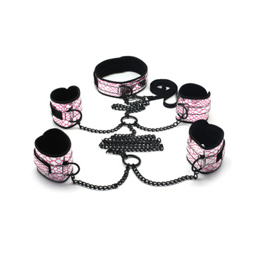 Spartacus Faux Leather Collar to Wrist & Ankle Restraints Bondage Kit w/Leash - Pink