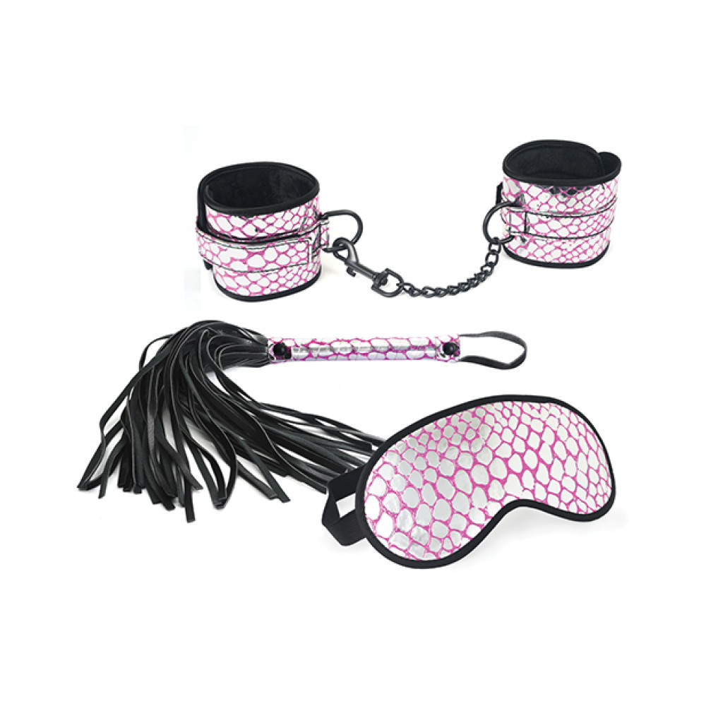 Spartacus Faux Leather Wrist Restraints Blindfold & Flogger Bondage Kit - Pink Spartacus Faux Leather Wrist Restraints Blindfold & Flogger Bondage Kit - Pink