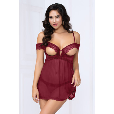 Lace & Mesh Open Cups Babydoll w/Fly Away Back & Panty Wine SM