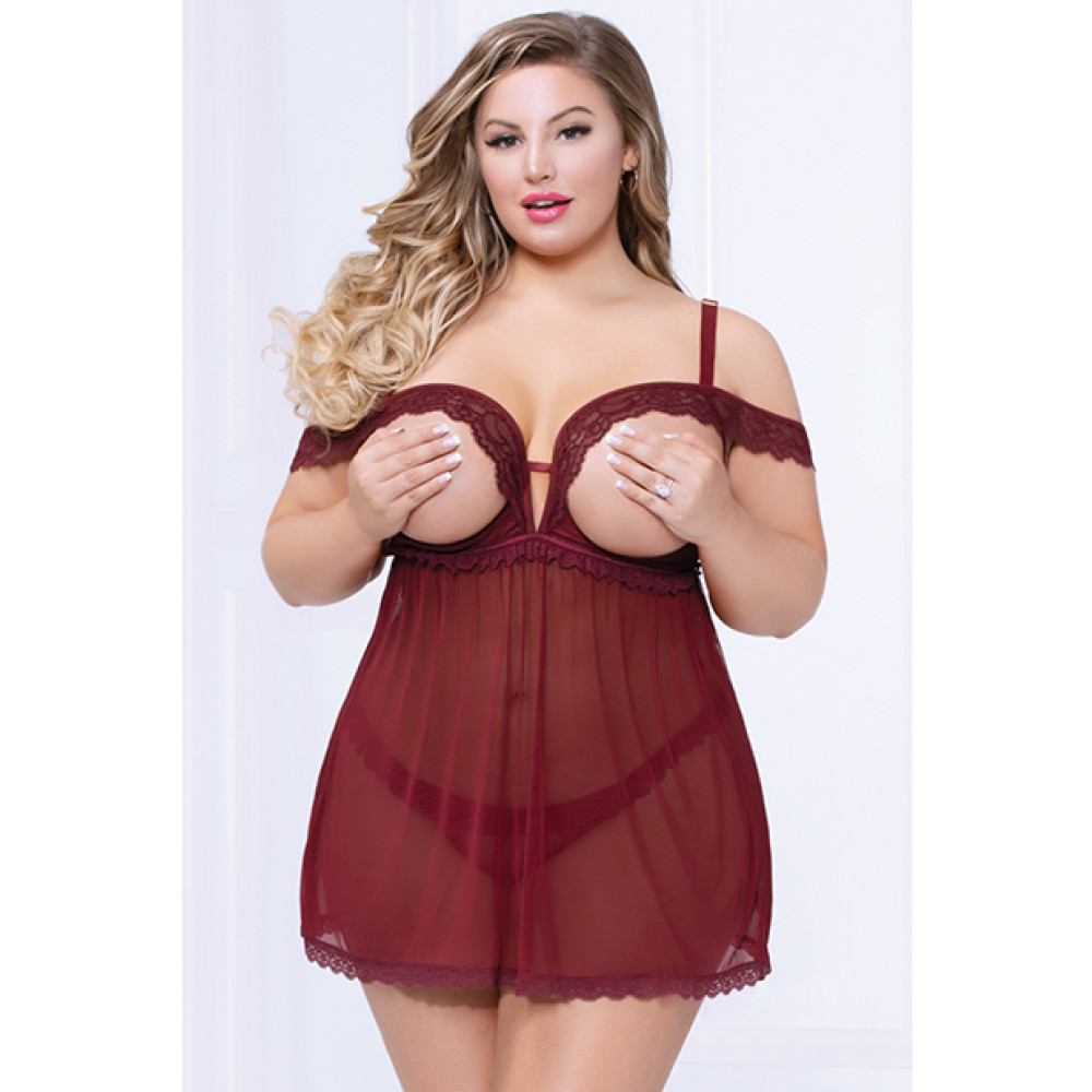 Lace & Mesh Open Cups Babydoll w/Fly Away Back & Panty Wine 3X/4X