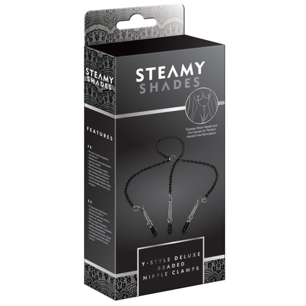 Steamy Shades Y-Style Deluxe Beaded Nipple Clamps - Black/Silver