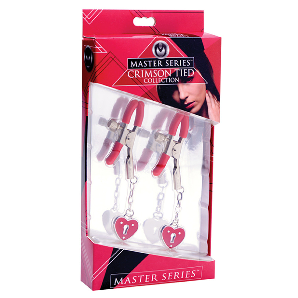 Master Series Charmed Heart Padlock Nipple Clamps - Red