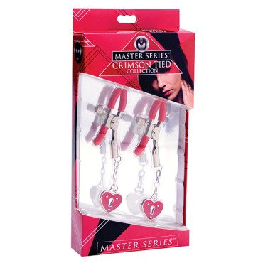 Master Series Charmed Heart Padlock Nipple Clamps - Red