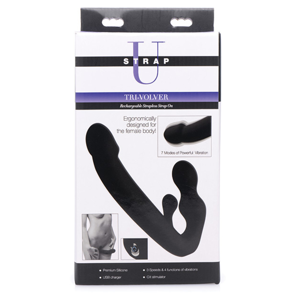 Strap U Tri-Volver 7x Vibrating Strapless Strap on - Black