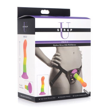 Strap U Proud Silicone Dildo w/Harness - Rainbow