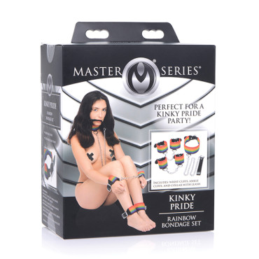 Master Series Kinky Pride Rainbow Bondage Set - Wrist & Ankle Cuffs & Collar w/Leash