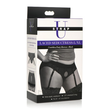 Strap U Laced Seductress Lace Crotchless Panty Harness w/Garter Straps - L/XL Black